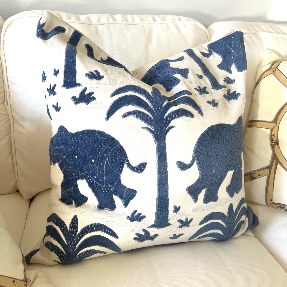 Thibaut custom navy velvet elephant 22 inch pillow cover.
